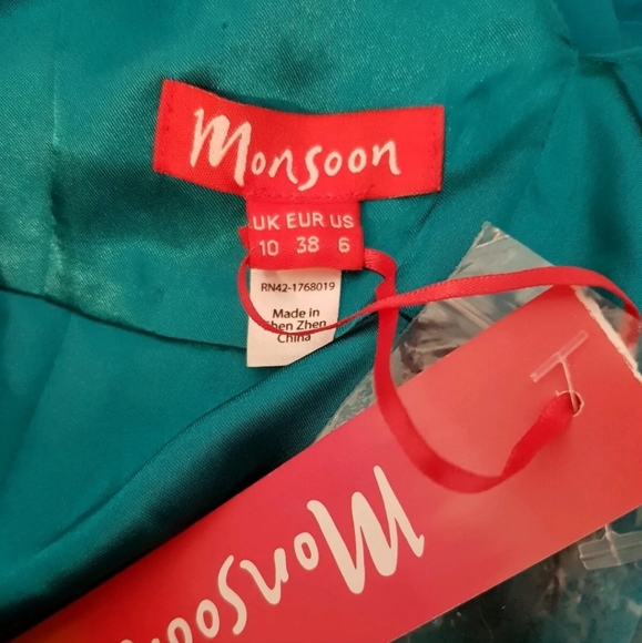 NEW MONSOON 100% Silk turquoise blue Puffball Dress Balloon Hem embellished 10uk - Picture 10 of 14